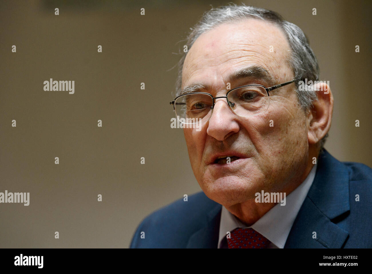 Israeli experts Eytan Gilboa attends Cyber and International Security conference in Prague. Eytan Gilboa gives an interview to CTK in Prague, Czech Republic, March 30, 2017. (CTK Photo/Michal Kamaryt) Stock Photo