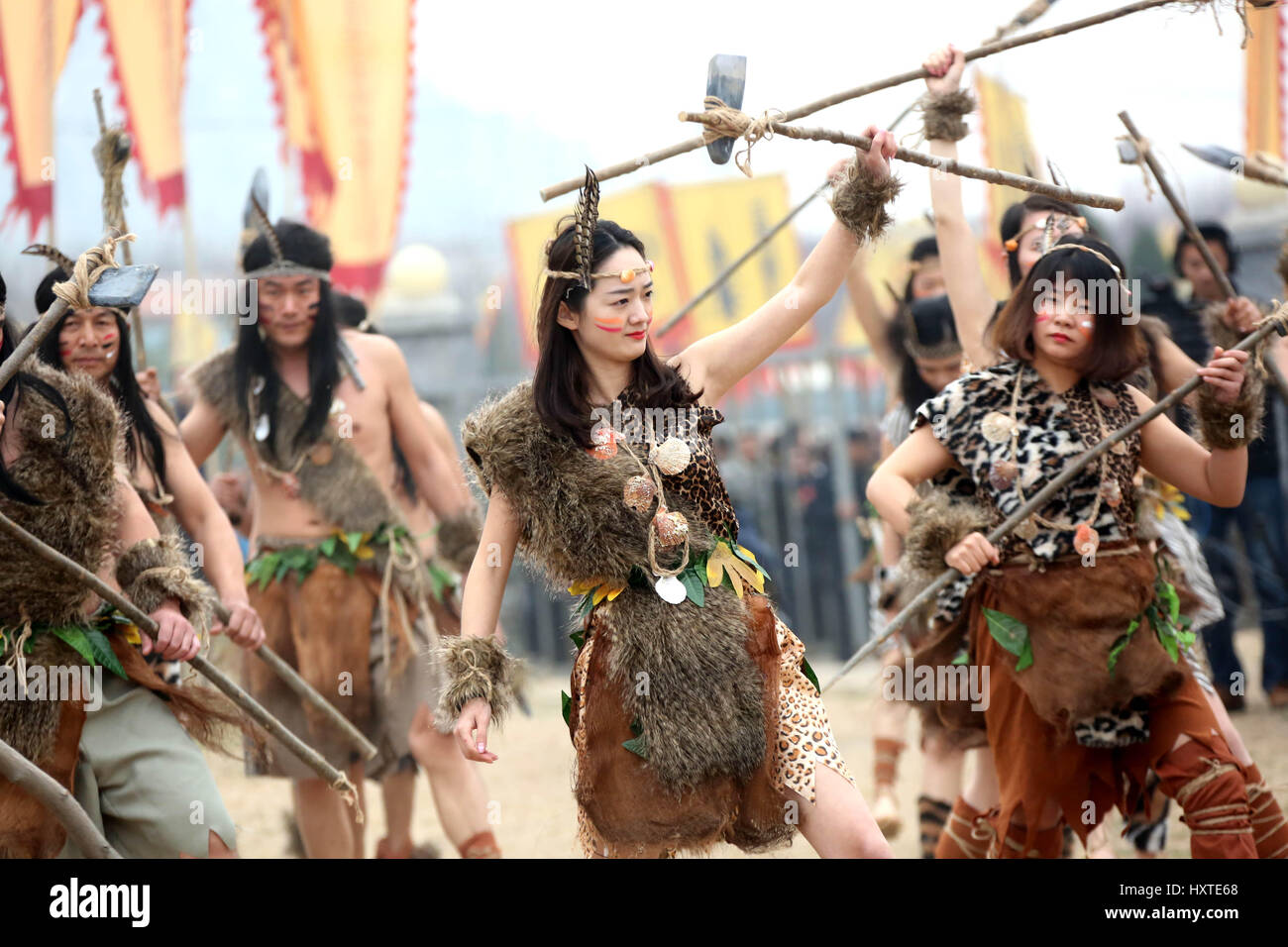 Zoucheng, China's Shandong Province. 30th Mar, 2017. Actors perform an ancient dance to celebrate the Sanyuesan Festival in Zoucheng, east China's Shandong Province, March 30, 2017. People around China celebrate the Sanyuesan Festival on Tuesday, the third day of the third lunar month. Credit: Lyu Weifeng/Xinhua/Alamy Live News Stock Photo