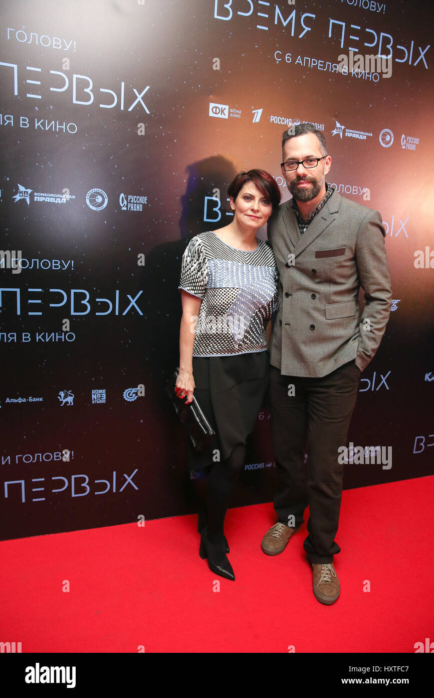 Moscow, Russia. 29th Mar, 2017. Script writer Mikhail Idov with his wife Lily at the premiere of Dmitry Kiselyov's film 'Time First' film about the first ever spacewalk performed by Soviet cosmonaut Alexei Leonov at the KARO 11 Oktyabr Cinema. Credit: Victor Vytolskiy/Alamy Live News Stock Photo