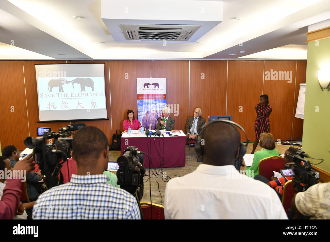 (170331)--NAIROBI, March 31, 2017(Xinhua)-- Photo taken on March 29, 2017 shows the launching ceremony of a report by Save the Elephants, a conservation organization, in Nairobi, Kenya. The historic ban on processing and sale of ivory products announced by China on December 31, 2016 could herald demise of elephant poaching in Africa, says a new report by a conservation lobby released in Nairobi on Wednesday. (Xinhua/Sun Ruibo) Stock Photo