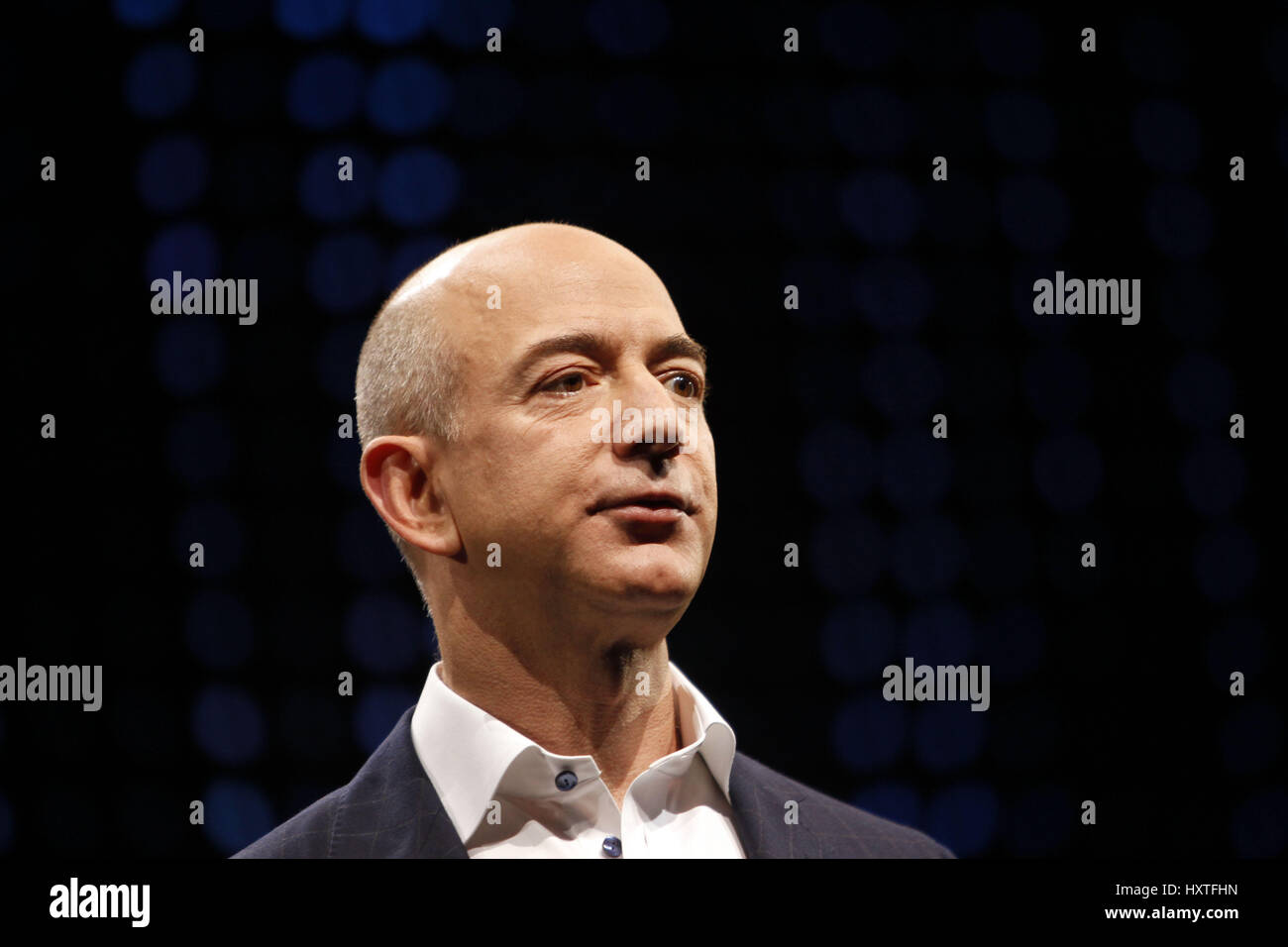 March 30, 2017 - FILE - JEFF BEZOS, Amazon (AMZN) founder and CEO, is now the second-richest person on the planet. Bezos' wealth climbed to $75.6 billion on Wednesday, according to the Bloomberg Billionaires Index. Helping Bezos get to the No. 2 perch: A rally in Amazon shares to a record. They closed up 2% at $874.32, lifting Amazon's market cap to $422 billion. Bezos owns nearly 17% of Amazon's shares, worth $70 billion, according to S&P Global Market Intelligence. Pictured: Sept. 6, 2012 - Santa Monica, California, U.S. - Jeff Bezos, chief executive officer of Amazon.com Inc., introduces ne Stock Photo