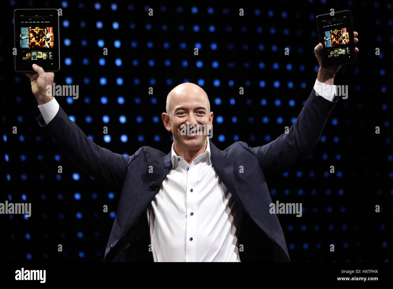 March 30, 2017 - FILE - JEFF BEZOS, Amazon (AMZN) founder and CEO, is now the second-richest person on the planet. Bezos' wealth climbed to $75.6 billion on Wednesday, according to the Bloomberg Billionaires Index. Helping Bezos get to the No. 2 perch: A rally in Amazon shares to a record. They closed up 2% at $874.32, lifting Amazon's market cap to $422 billion. Bezos owns nearly 17% of Amazon's shares, worth $70 billion, according to S&P Global Market Intelligence. Pictured: Sept. 6, 2012 - Santa Monica, California, U.S. - Jeff Bezos, chief executive officer of Amazon.com Inc., introduces ne Stock Photo