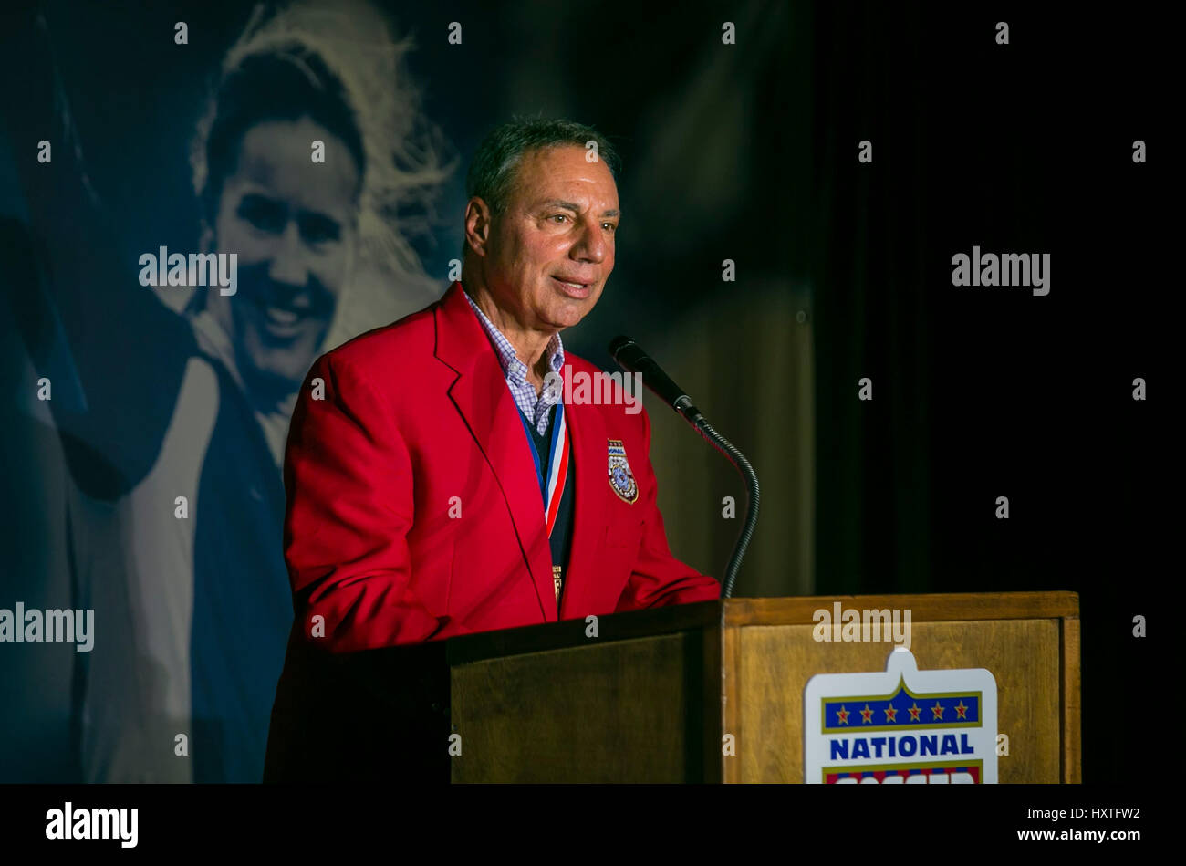 March 24, 2017: Tony DiCicco speaks during the induction ceremony for the National Soccer Hall of Fame - Class of 2016 Induction prior to the FIFA World Cup Qualifying game between the United States and Honduras at Avaya Stadium in San Jose, CA. The US defeated Honduras 6-0. Damon Tarver/Cal Sport Media Stock Photo