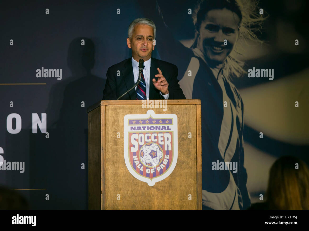 March 24, 2017: U.S. Soccer President Sunil Gulatia speaks during the induction ceremony for the National Soccer Hall of Fame - Class of 2016 prior to the FIFA World Cup Qualifying game between the United States and Honduras at Avaya Stadium in San Jose, CA. The US defeated Honduras 6-0. Damon Tarver/Cal Sport Media Stock Photo
