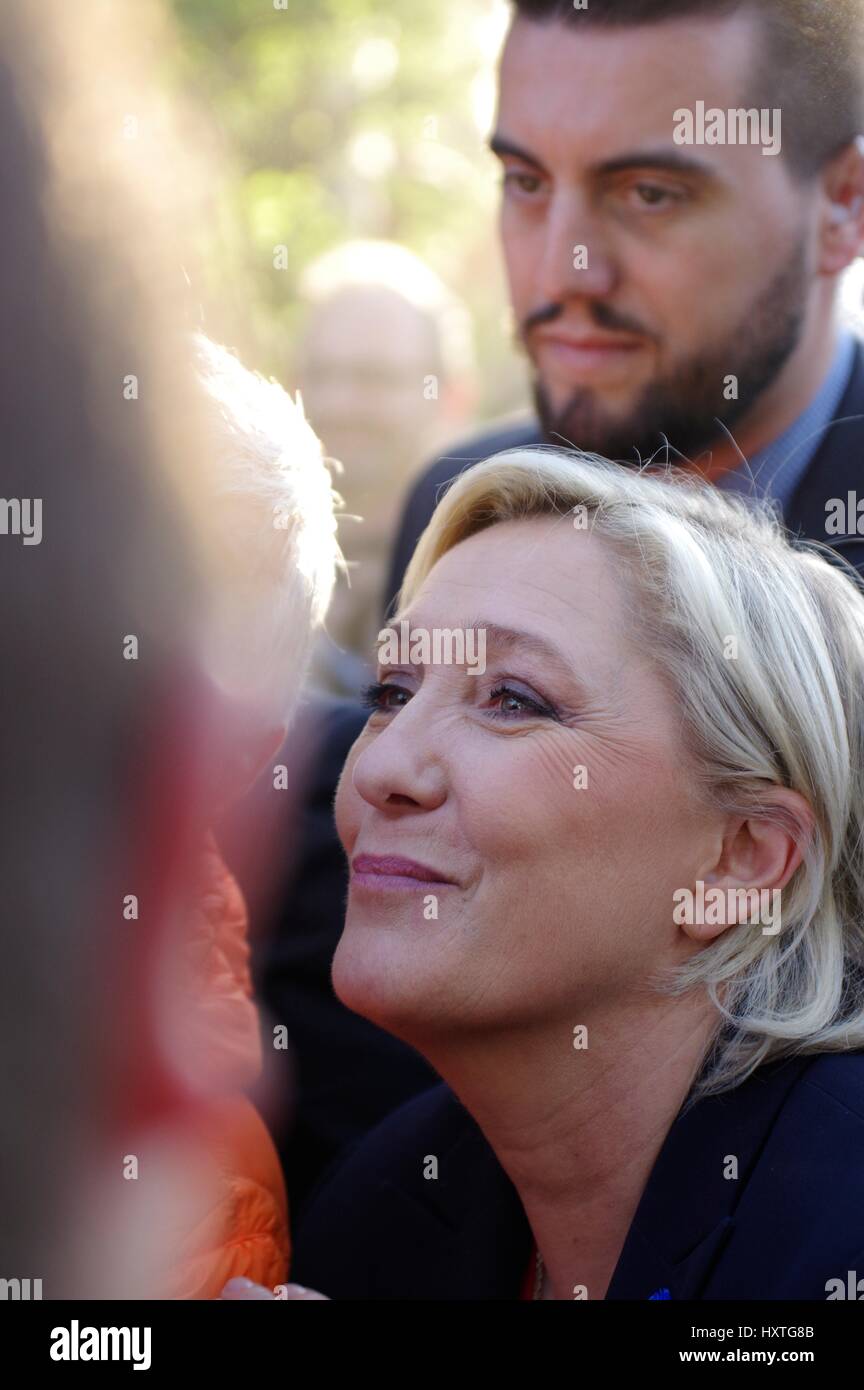 La Trinite-Porhoet, Brittany, France. 30th Mar, 2017. French Front National Presidential candidate Marine Le Pen addresses rural Breton communities during her presidential campaign Credit: Luke Peters/Alamy Live News Stock Photo