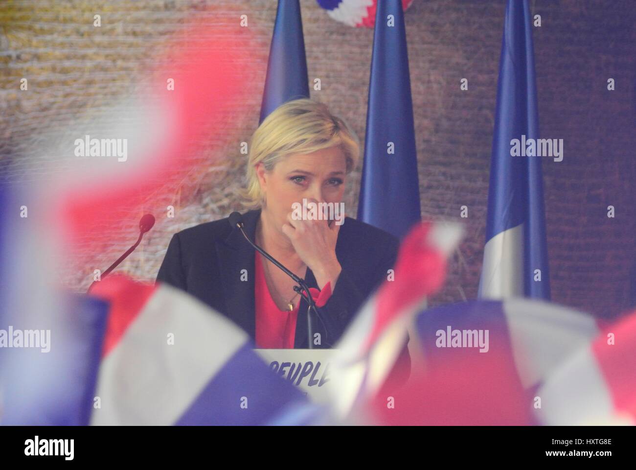 La Trinite-Porhoet, Brittany, France. 30th Mar, 2017. French Front National Presidential candidate Marine Le Pen addresses rural Breton communities during her presidential campaign Credit: Luke Peters/Alamy Live News Stock Photo
