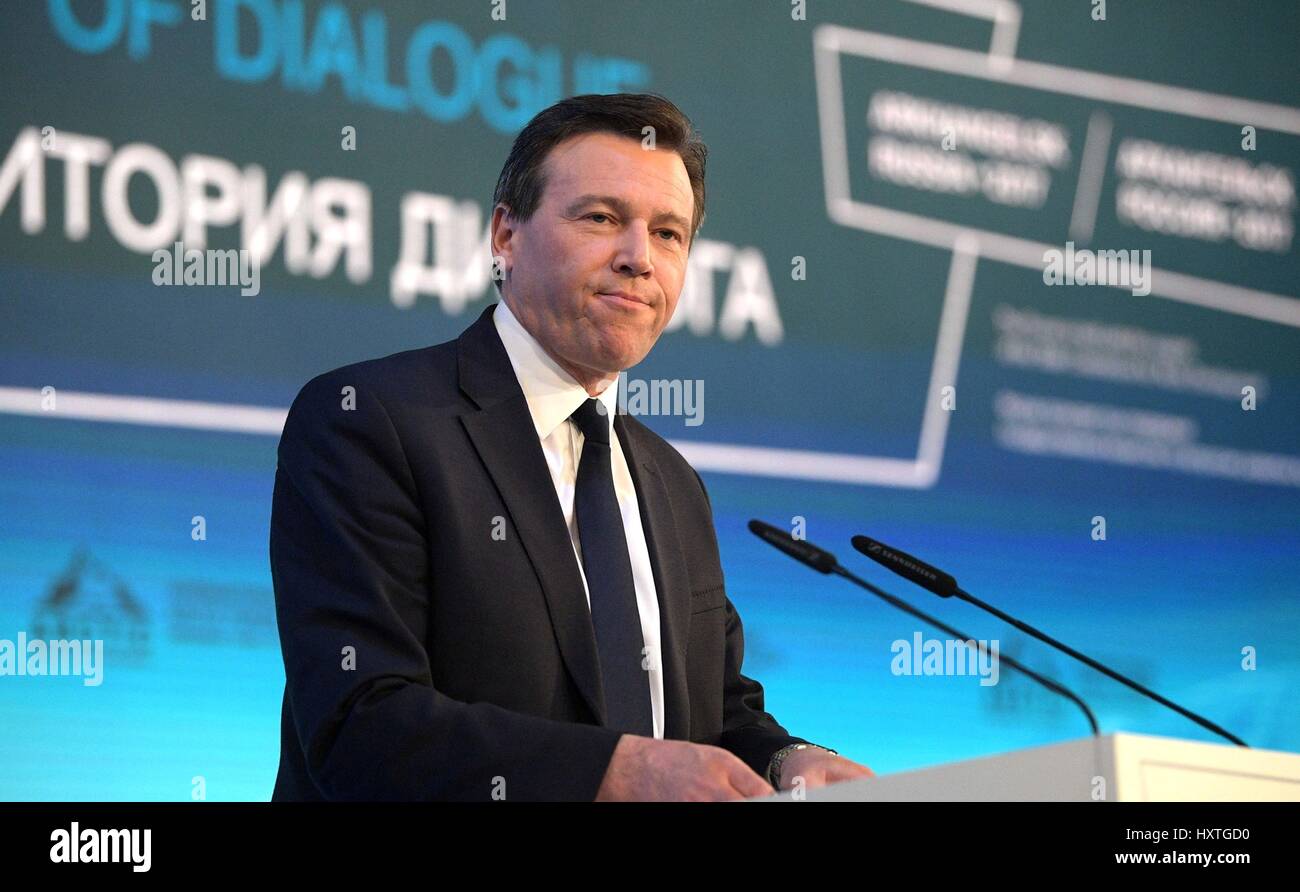 CNBC television anchor Geoff Cutmore serves as the moderator during the International Arctic Forum event called The Arctic: Territory of Dialogue March 30, 2017 in Arkhangelsk, Russia. The Arctic Forum includes Russia and the Nordic nations of Iceland, Finland, Norway and Denmark. Stock Photo