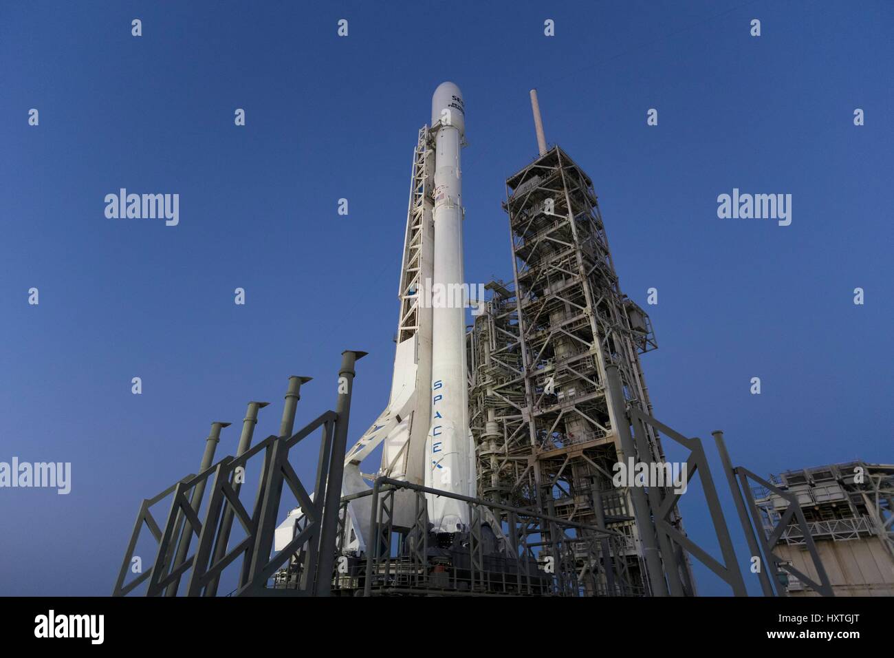 The SpaceX Falcon 9 rocket mission SES-10 is readied for lift off a ...
