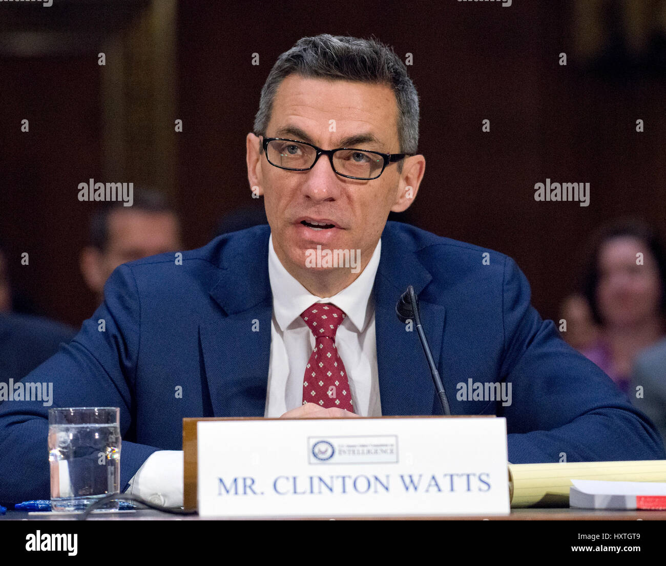 Washington DC, USA. 30th March 2017. Clinton Watts, Senior Fellow, Foreign Policy Research Institute Program on National Security testifies before the United States Senate Select Committee on Intelligence as it conducts an open hearing titled 'Disinformation: A Primer in Russian Active Measures and Influence Campaigns' on Capitol Hill in Washington, DC on Thursday, March 30, 2017. Credit: Ron Sachs/CNP /MediaPunch/Alamy Live News Stock Photo