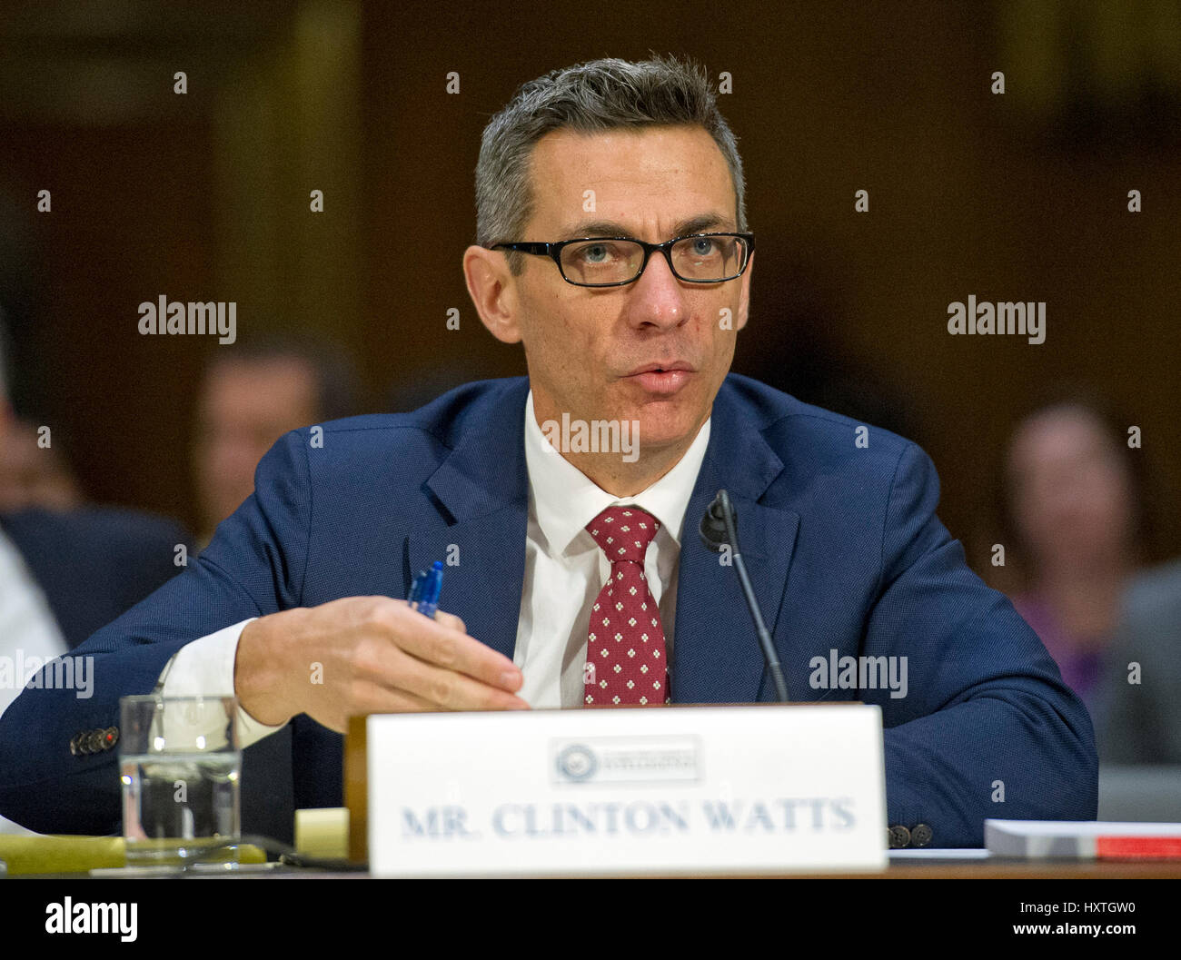 Washington DC, USA. 30th March 2017. Clinton Watts, Senior Fellow, Foreign Policy Research Institute Program on National Security testifies before the United States Senate Select Committee on Intelligence as it conducts an open hearing titled 'Disinformation: A Primer in Russian Active Measures and Influence Campaigns' on Capitol Hill in Washington, DC on Thursday, March 30, 2017. Credit: Ron Sachs/CNP /MediaPunch/Alamy Live News Stock Photo