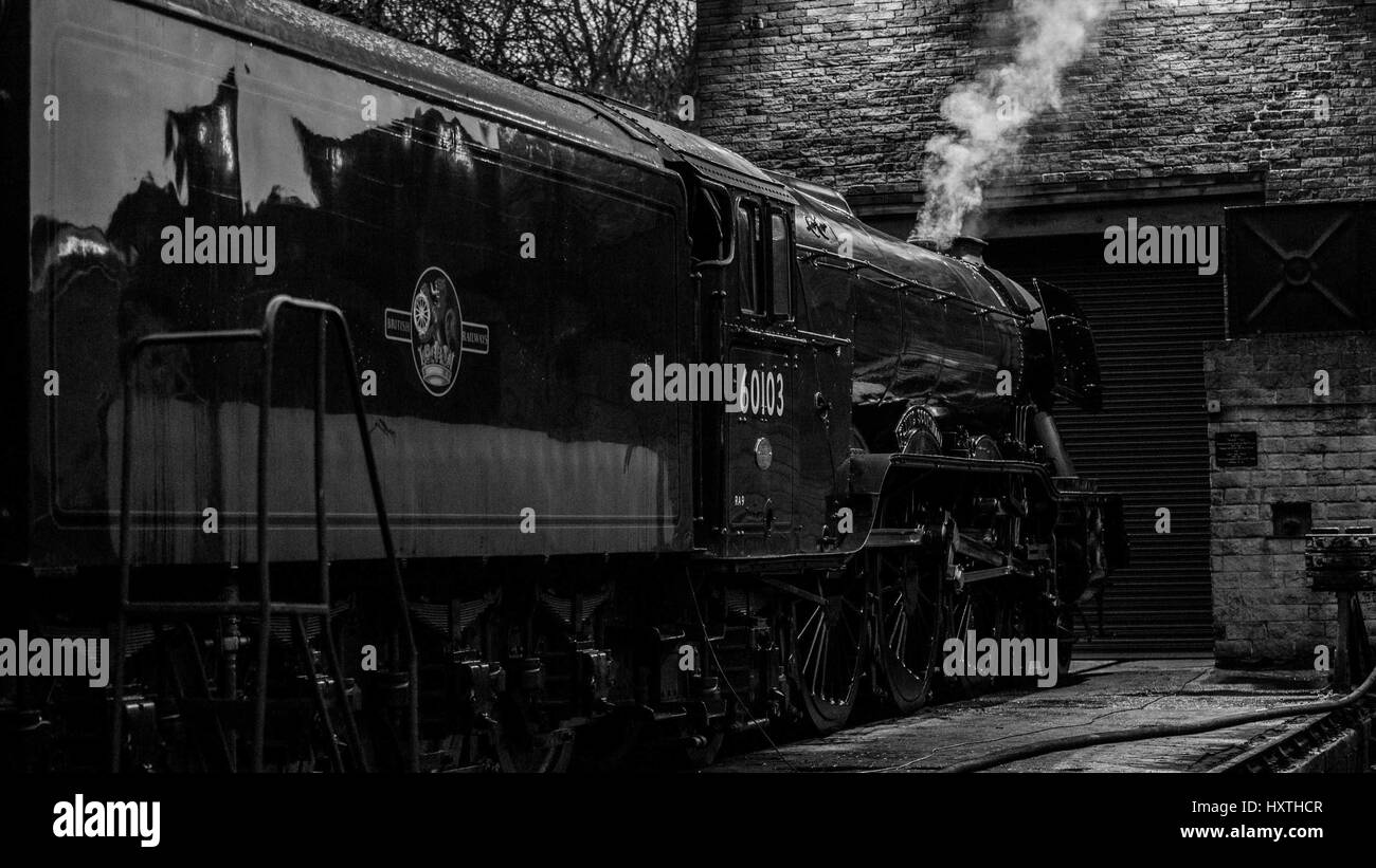 Howarth, UK.  30th March 2017. Flying Scotsman rests overnight ahead of re-opening of the Settle to Carlisle Line.  The line was closed 9th February 2016 as a result of a landslip.  Repairs have cost £23M Credit: Graham Eva/Alamy Live News Stock Photo