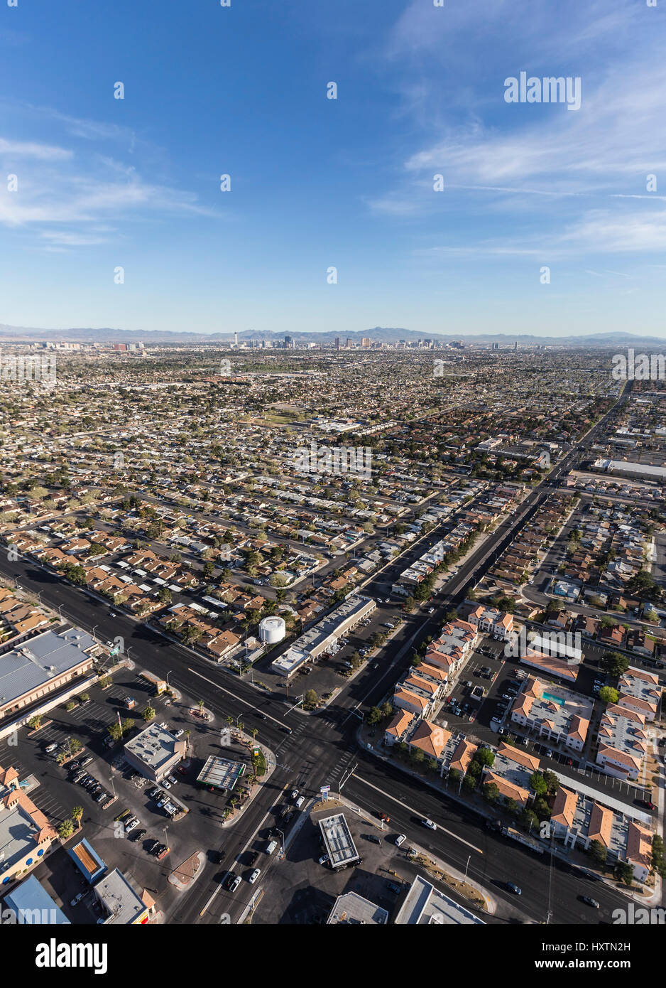 Las Vegas, Nevada, USA - March 13, 2017:  Aerial view of Las Vegas streets in Southern Nevada. Stock Photo