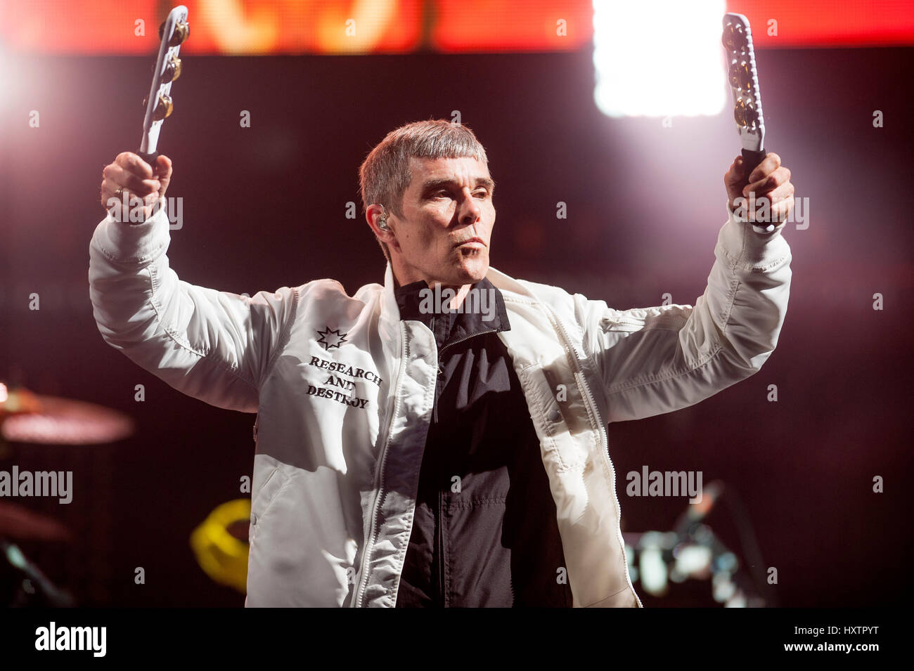 Ian Brown of the Stone Roses headlines the main stage on Day 1 of the T in the Park festival at Strathallan Castle on July 08, 2016 in Perth, Scotland. Stock Photo