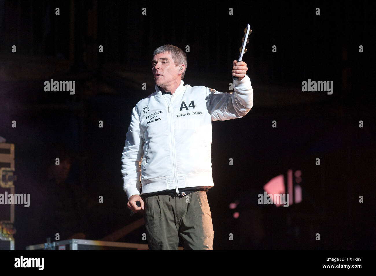 Ian Brown of the Stone Roses headlines the main stage on Day 1 of the T in the Park festival at Strathallan Castle on July 08, 2016 in Perth, Scotland. Stock Photo