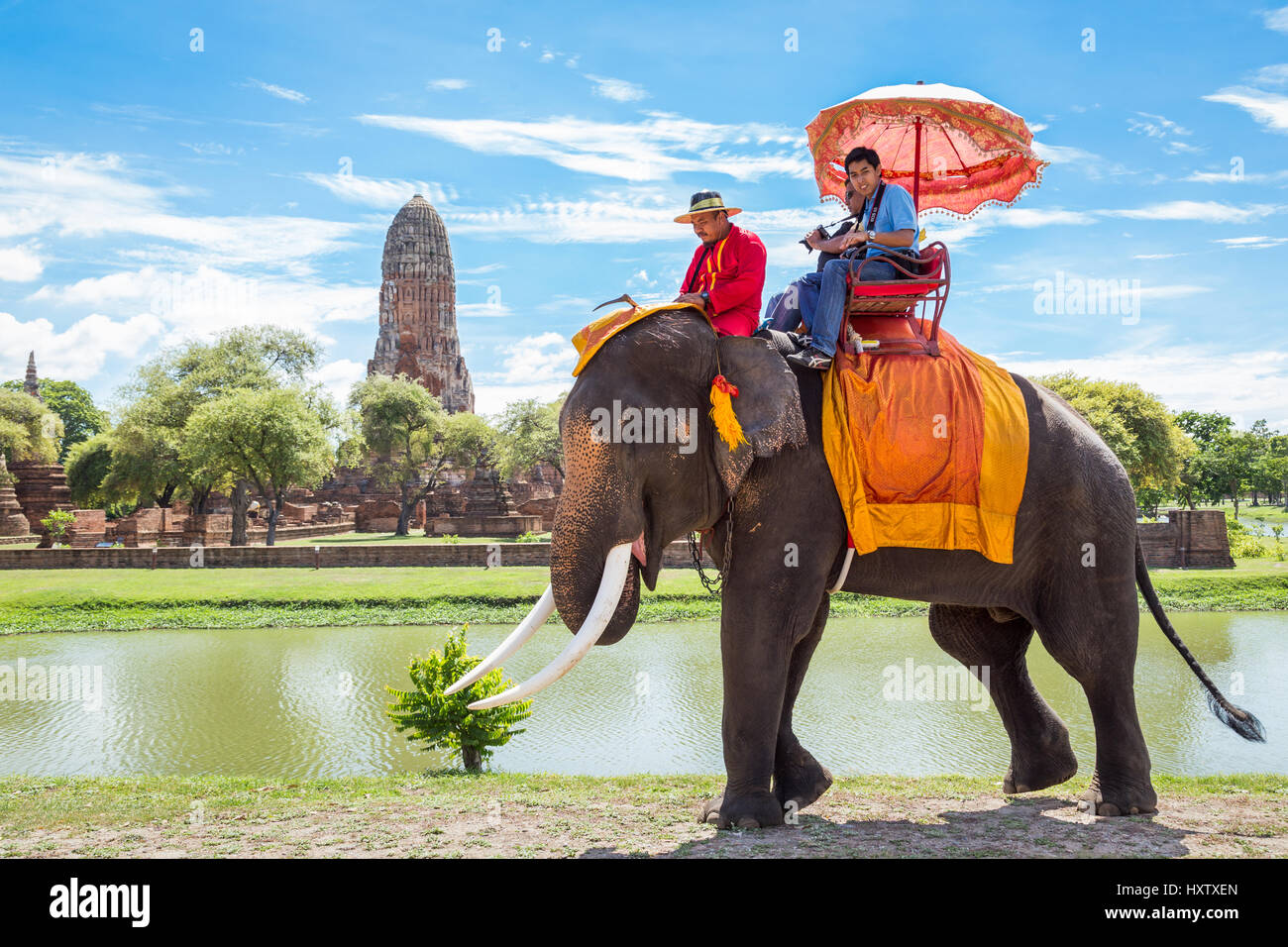 AYUTTHAYA, THAILAND August 22, 2015 Tourists on an elephant ride