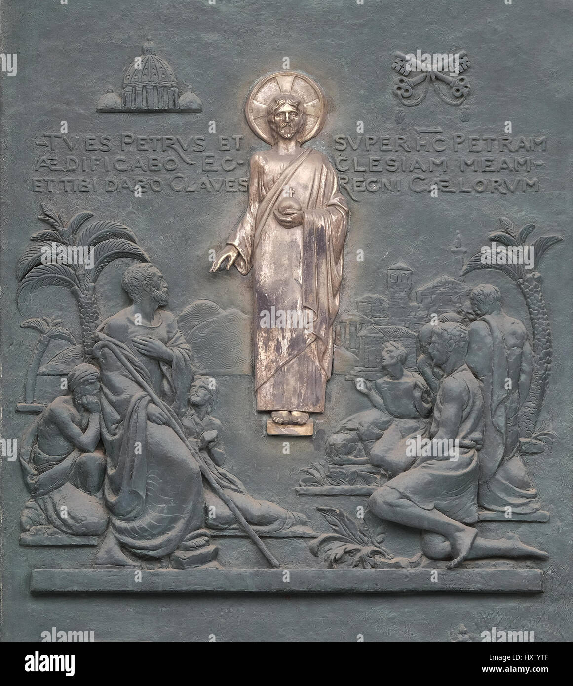 Bronze door with the image of the life of St. Peter: Christ Giving the Keys to St Peter, basilica of Saint Paul Outside the Wall Stock Photo