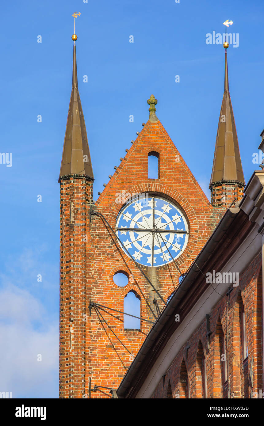 Roof gable of the Town Hall of the Hanseatic City of Stralsund, Mecklenburg-Pomerania, Germany. Stock Photo