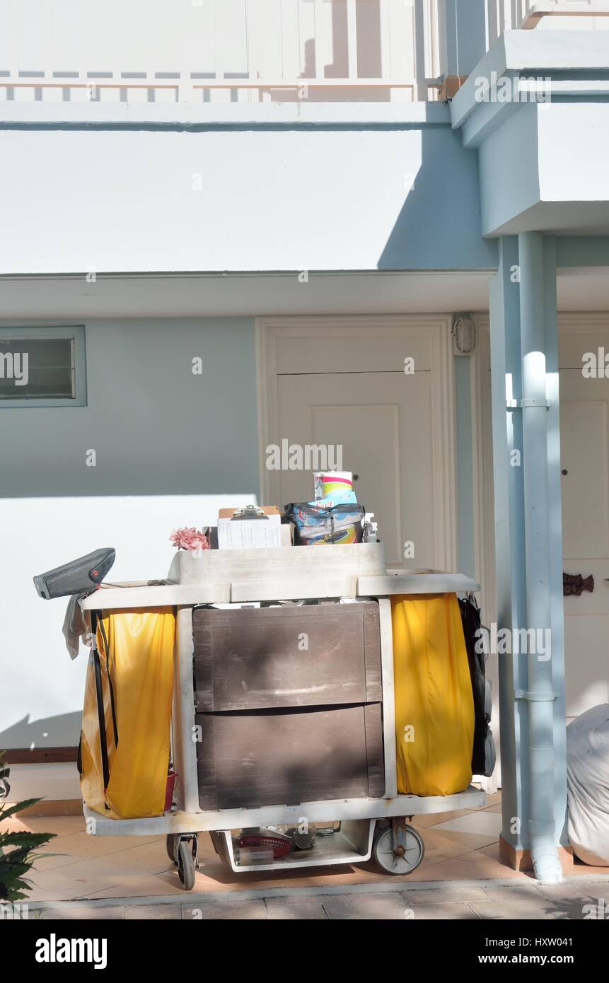 ST LUCIA CARIBBEAN 29 January  2015: cleaning maid's trolley Stock Photo