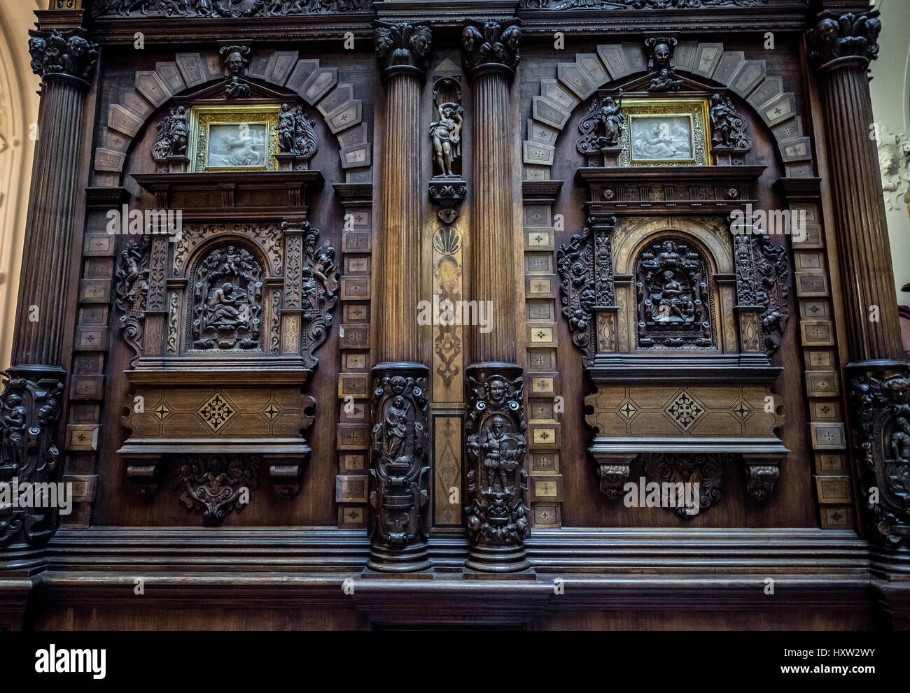 Woodwork in Hall of Honour (Holul de Onoare) in Peles Palace, former royal castle, built between 1873 and 1914, located near Sinaia city in Romania Stock Photo