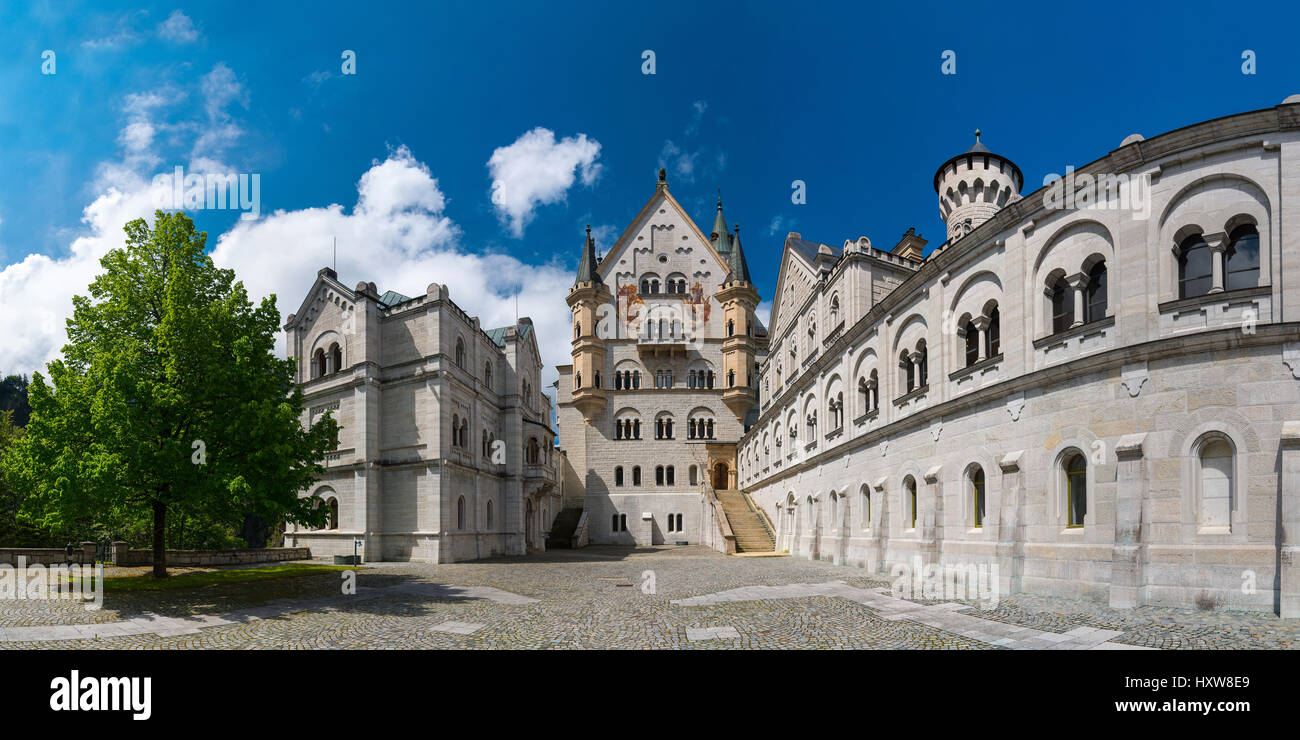 Neuschwanstein Castle. View from location of unrealized chapel along upper courtyard level: Bower, palace front, and Knights' House. Stock Photo