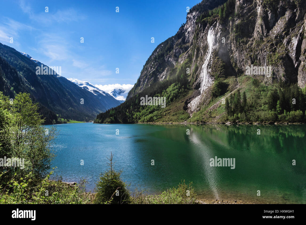 Mountain lake alpine scenic. Stillup lake austrian summer mountain landscape, Tyrol Stock Photo