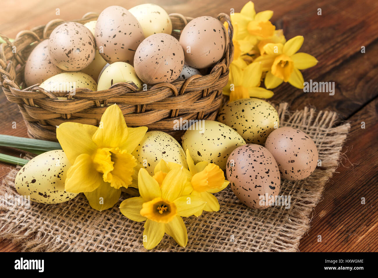 Easter Retro Decoration In Pastel Colors On Old Wood Light