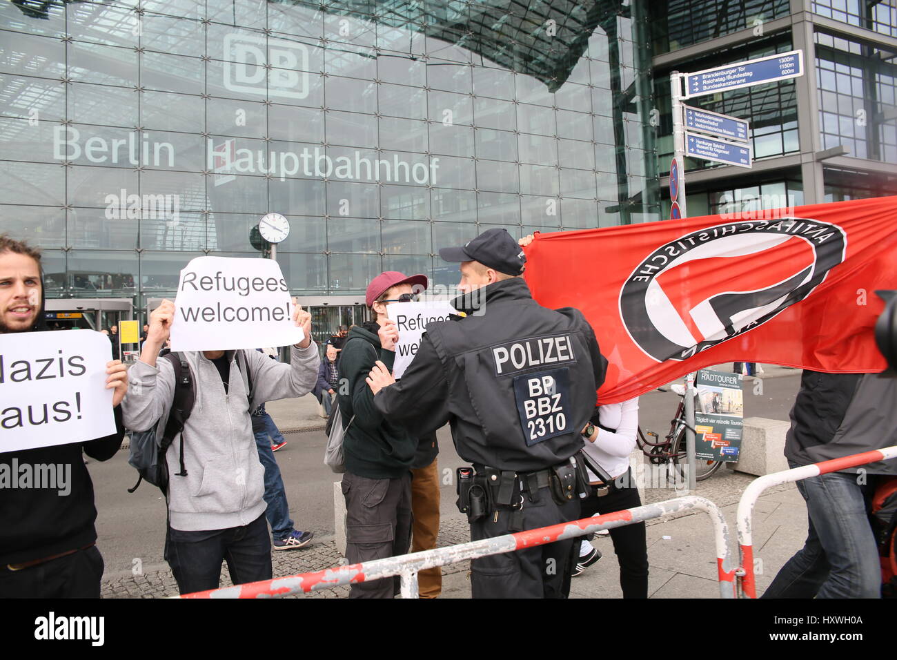 Berlin, Germany, May 9th, 2015: Antifa protesters clash with Pegida activists. Stock Photo