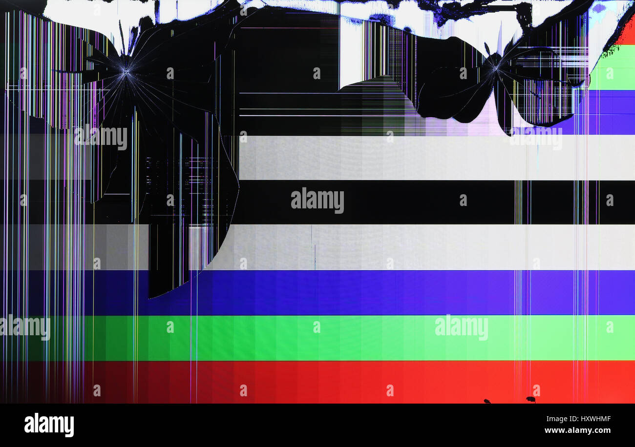 The LCD screen of the tv setis broken by shots from the traumatic gun.  Color strips and pixels on color horizontal lines test field signal Stock  Photo - Alamy