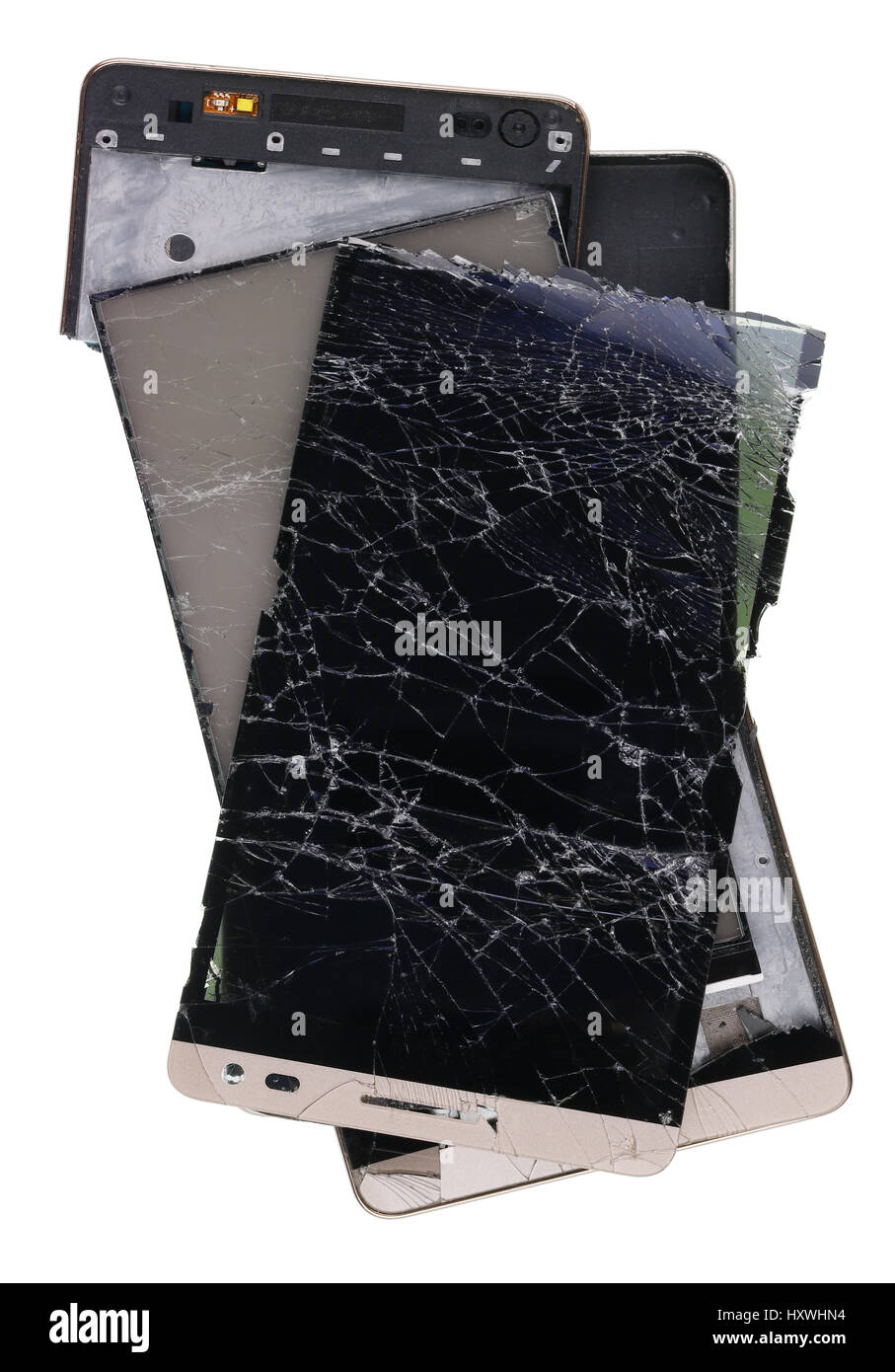 Broken and cracked  cellular telephones  screen and covers. Mass production device are prepared for industrial utilization. Isolated with patch studio Stock Photo