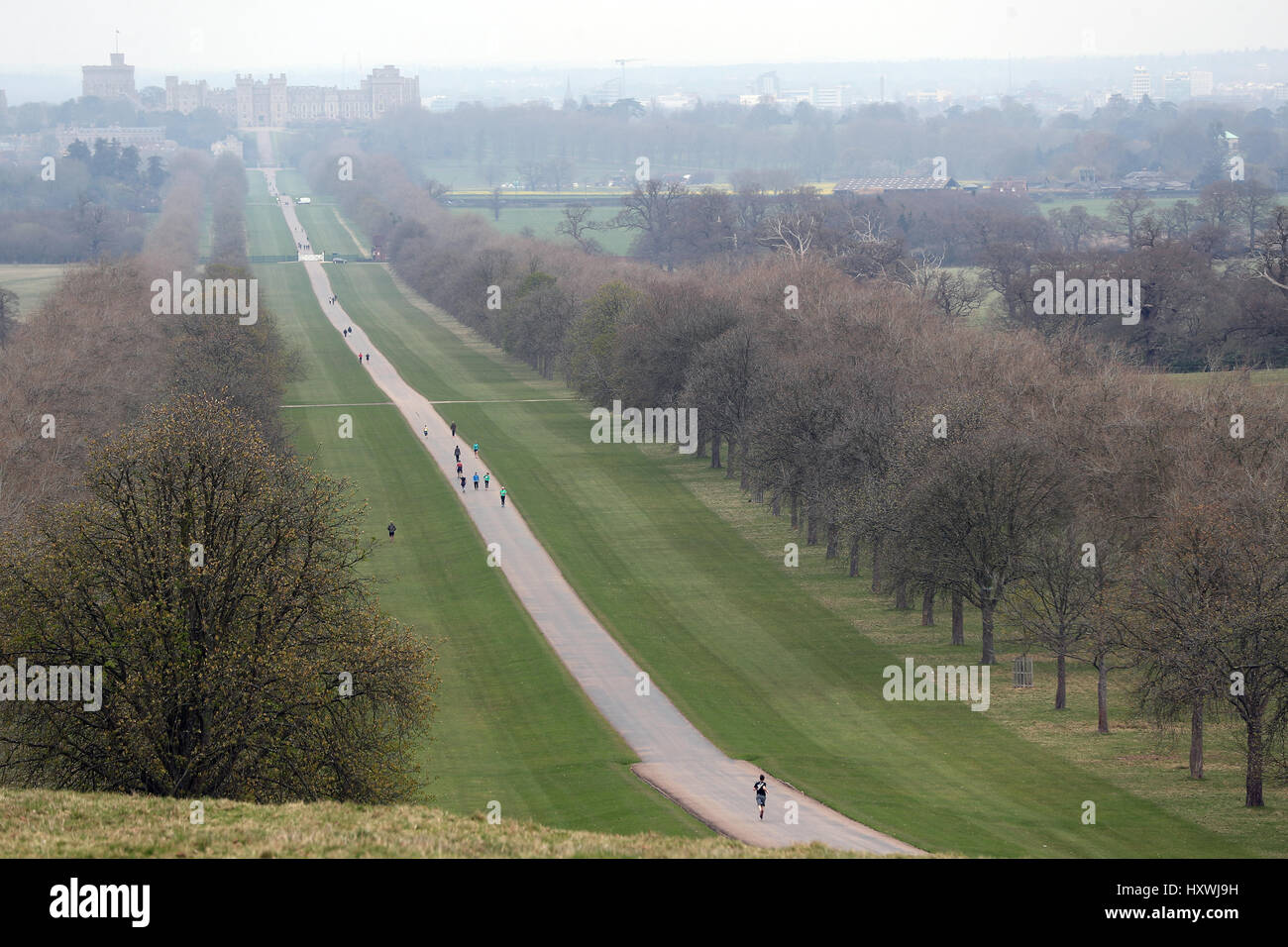 General view of Windsor Castle as seen down the Long Walk in Windsor Great Park Stock Photo