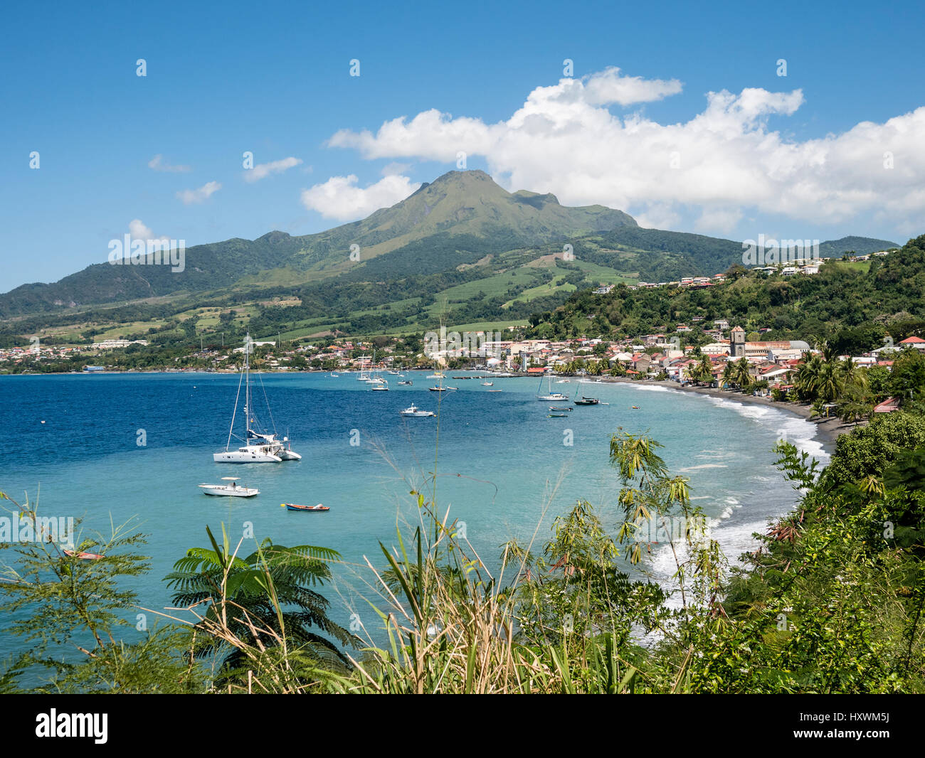 Volcano of Mont Pelee above Town of St. Pierre partly Destroyed by Volcanic Eruption 1902 on Caribbean Island of Martinique Stock Photo