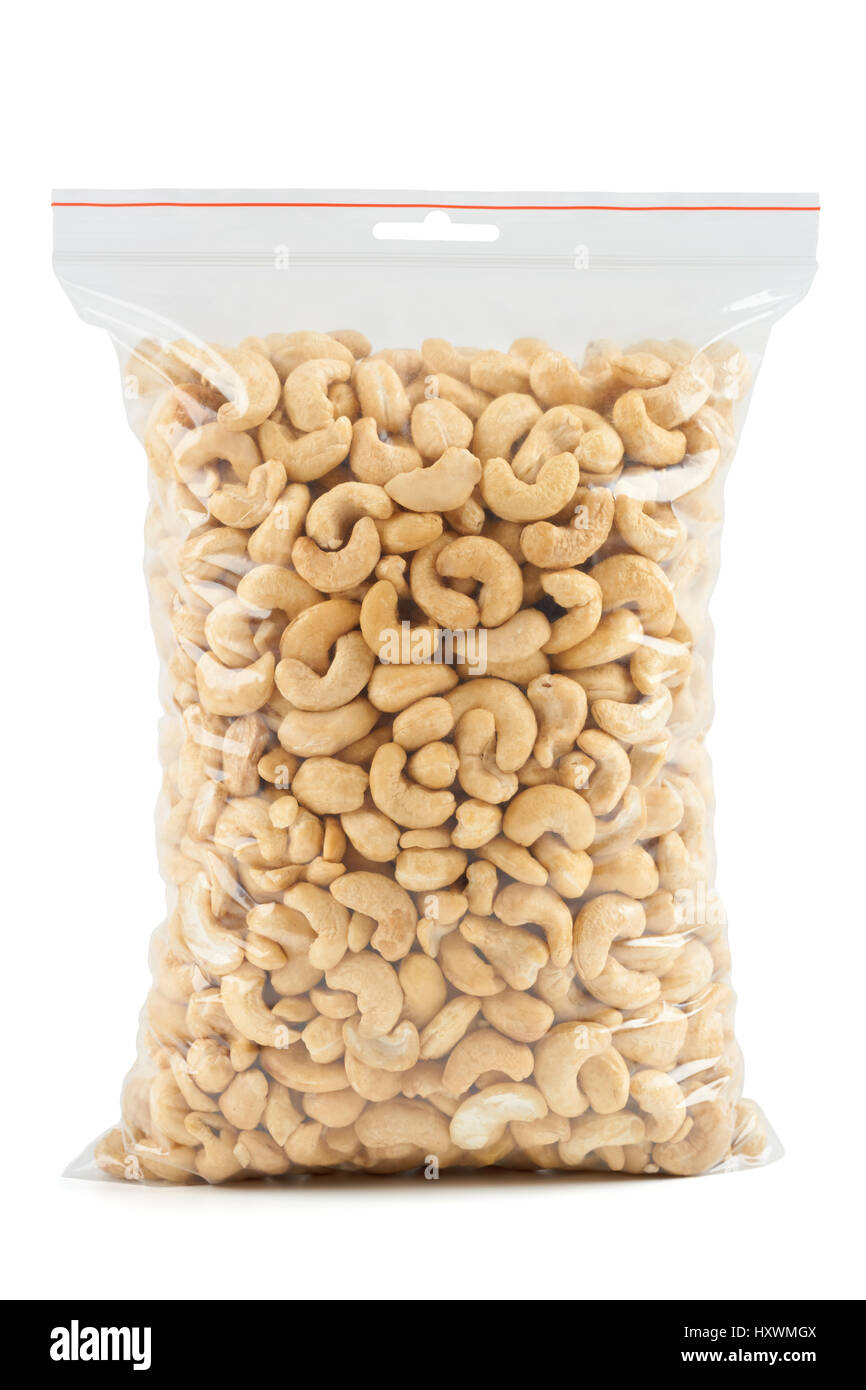 Cashew in plastic zipper bag isolated on white Stock Photo