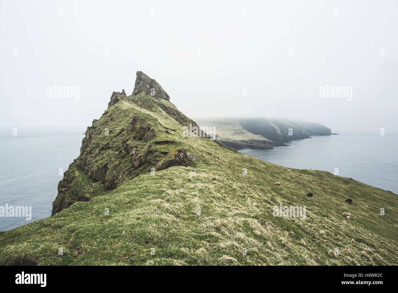 The beautiful landscape on Mykines, Faroe Islands. Mykines is one of the 18 main islands of the Faroe Archipelago. Stock Photo