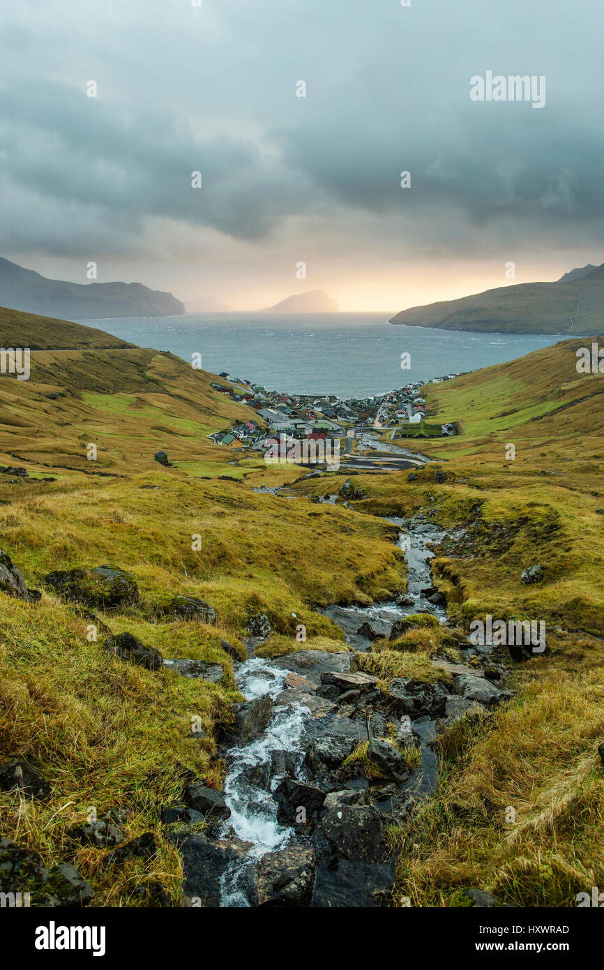 The largest city and the capital of the Faroe Islands “Tórshavn” surrounded by the beautiful landscape. Stock Photo