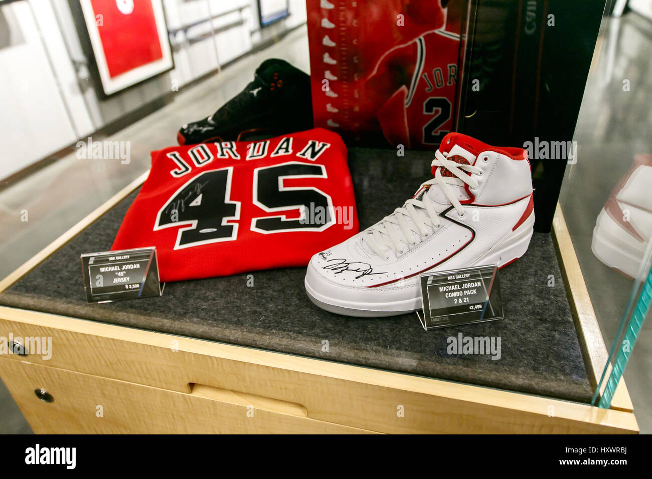 Michael Jordan signed commemorative items for sale are displayed in the NBA  store in Manhattan Stock Photo - Alamy