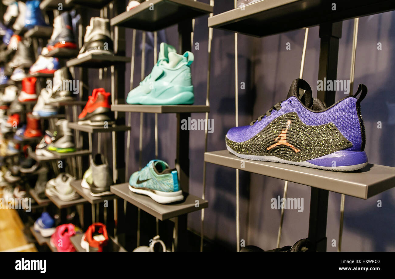 Assorted Air Jordan basketball shoes for sale in the NBA store in Manhattan  Stock Photo - Alamy