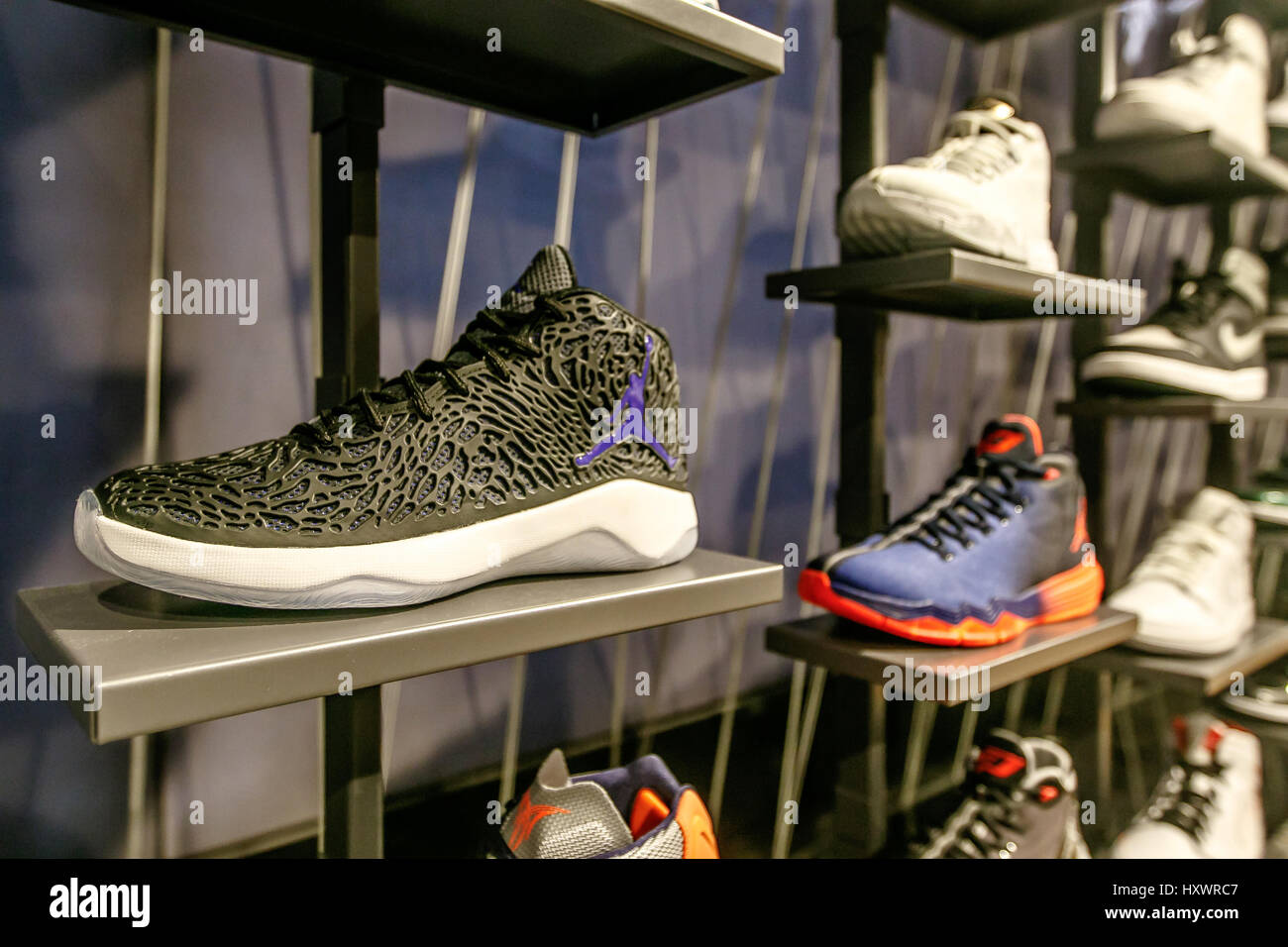 Assorted Air Jordan basketball shoes for sale in the NBA store in Manhattan  Stock Photo - Alamy