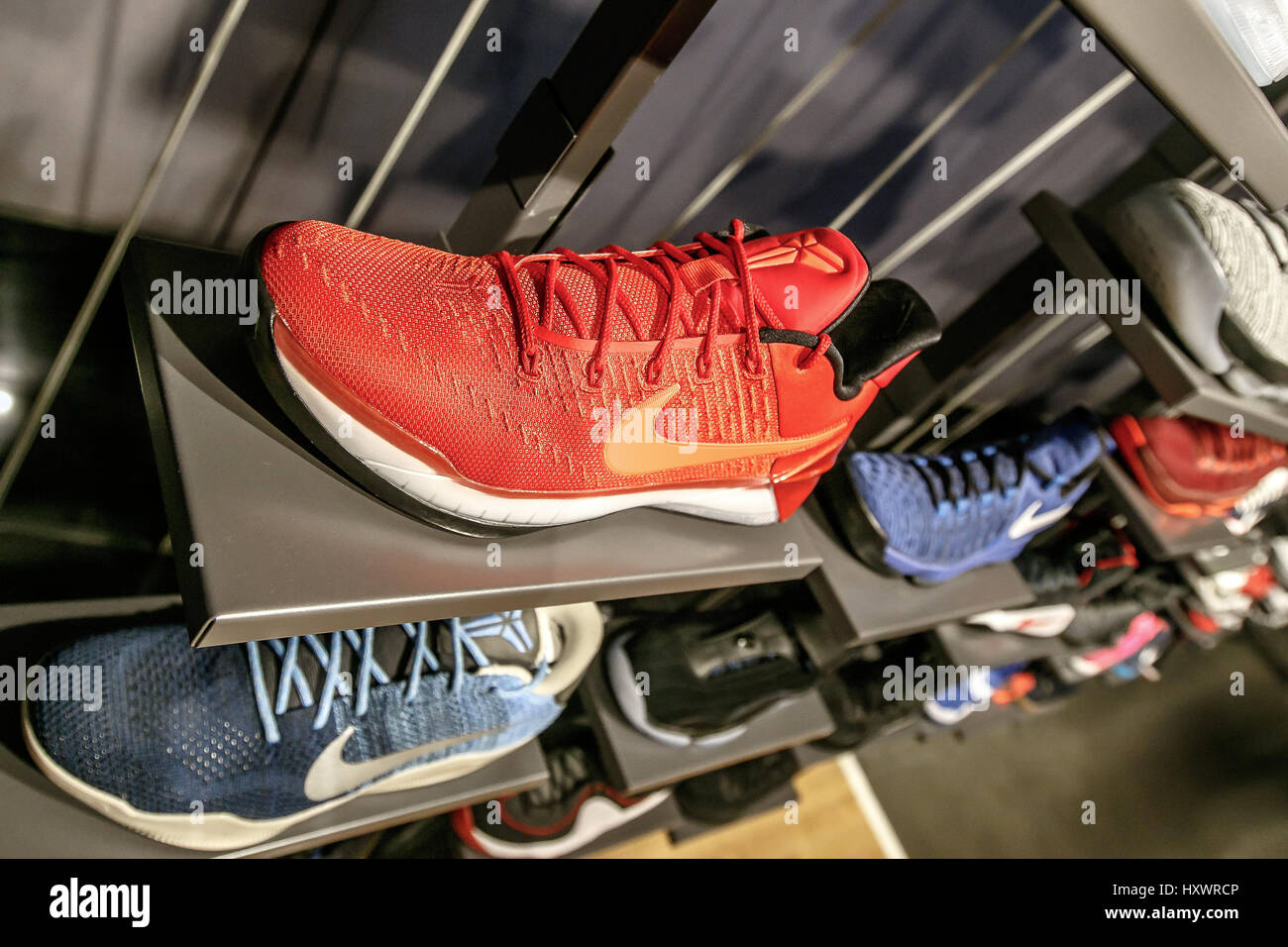 Nike shoes for sale in the NBA store in Manhattan. Stock Photo