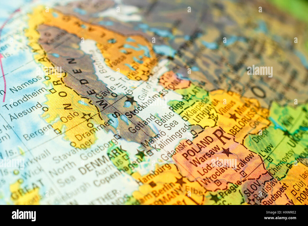 Map Sweden .  Close-up macro image of Swedish  map . Selective focus on Stockholm Stock Photo