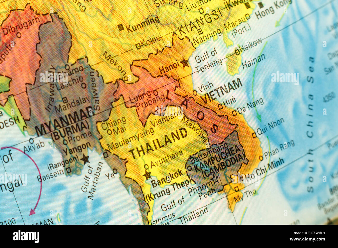 Vintage Map Thailand ,Vietnam, Laos .  Close-up macro image of South East Asia  map . Selective focus Stock Photo