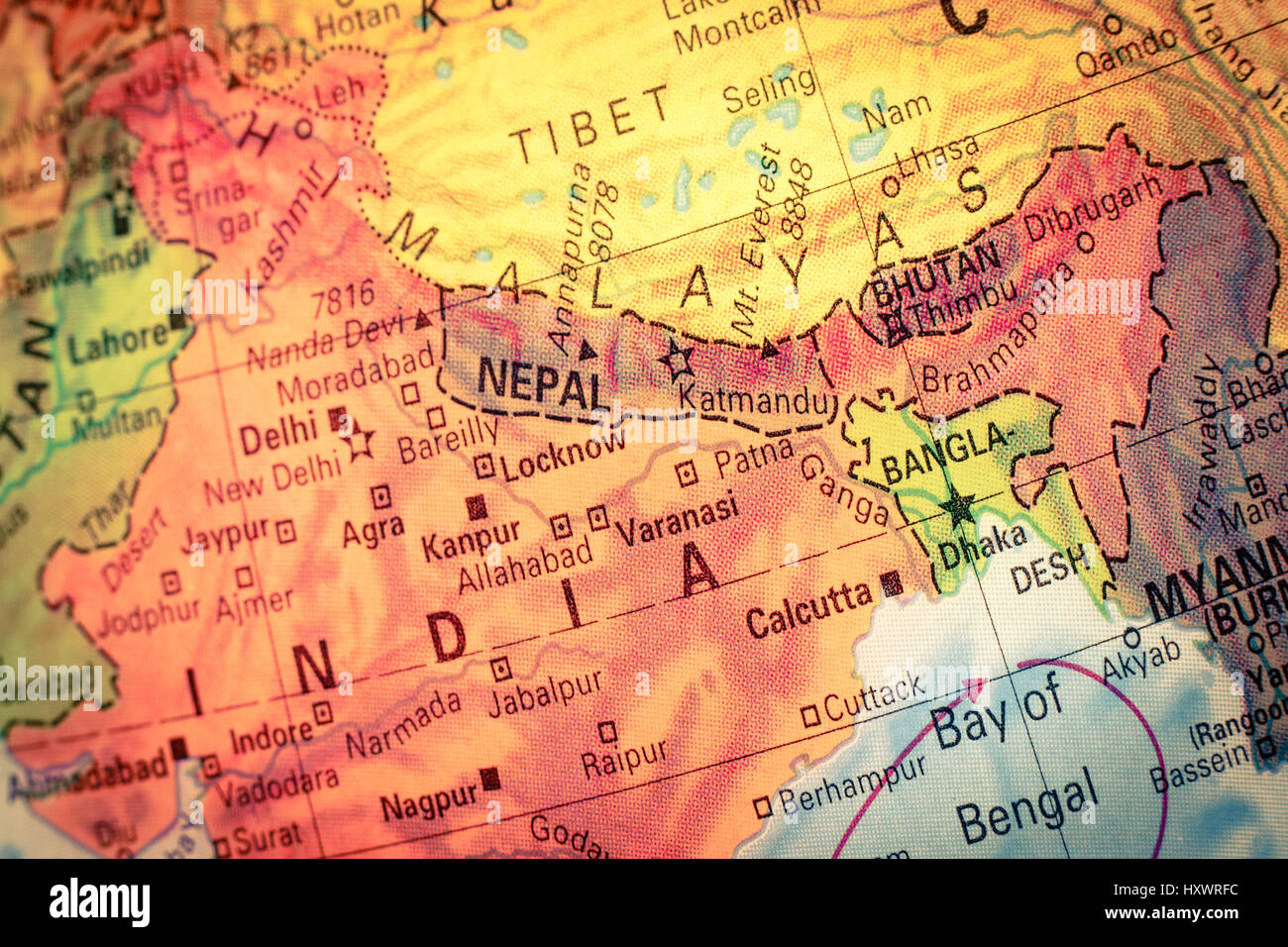 Vintage Map Nepal and Bhutan .  Close-up macro image of Nepalese  map . Selective focus Stock Photo