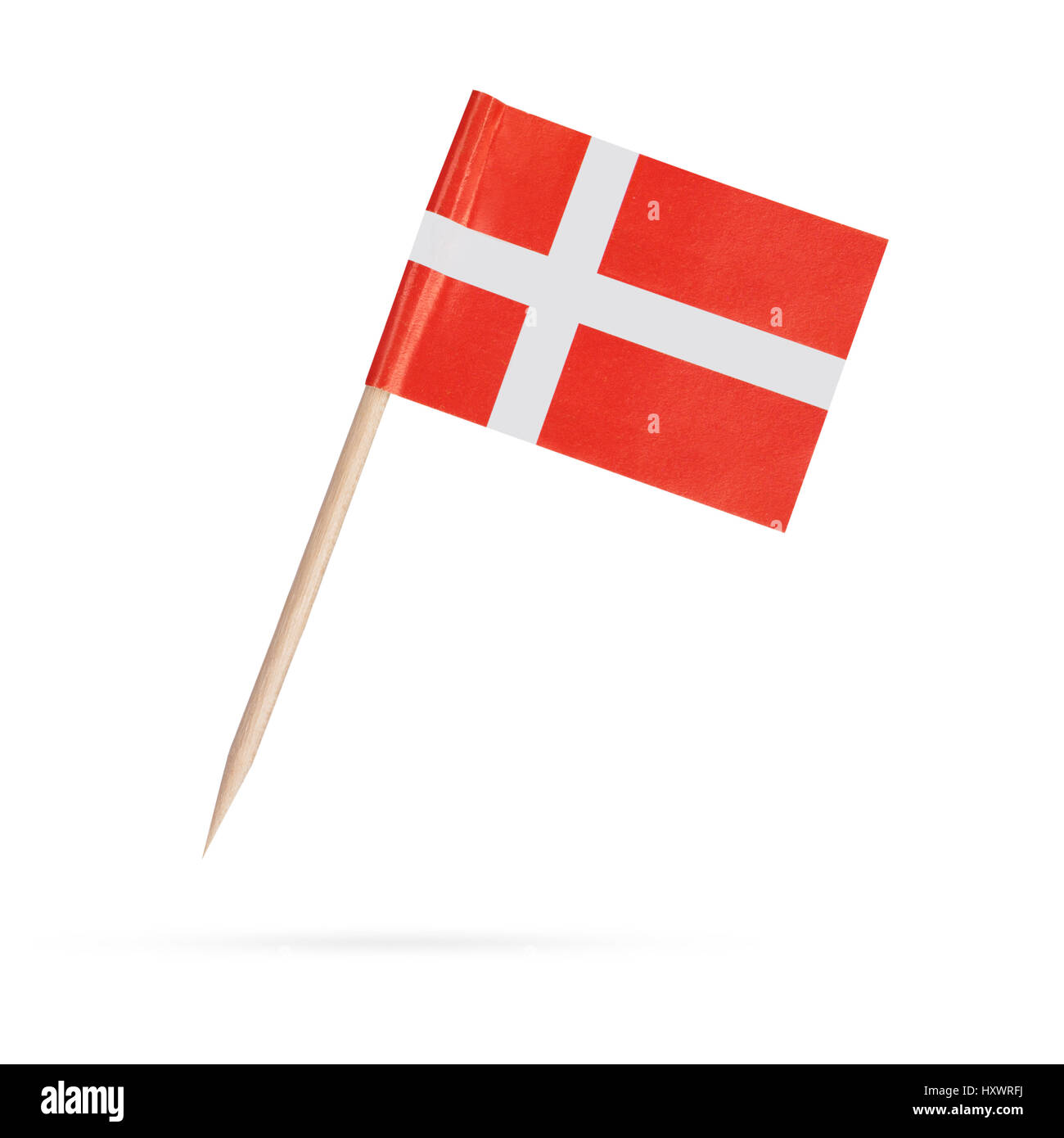 Miniature paper flag Denmark. Isolated on white background.With shadow below Stock Photo