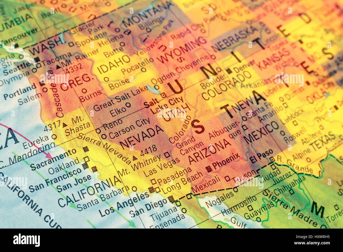Map North West USA .  Close-up macro image of  map North West America. Selective focus Stock Photo