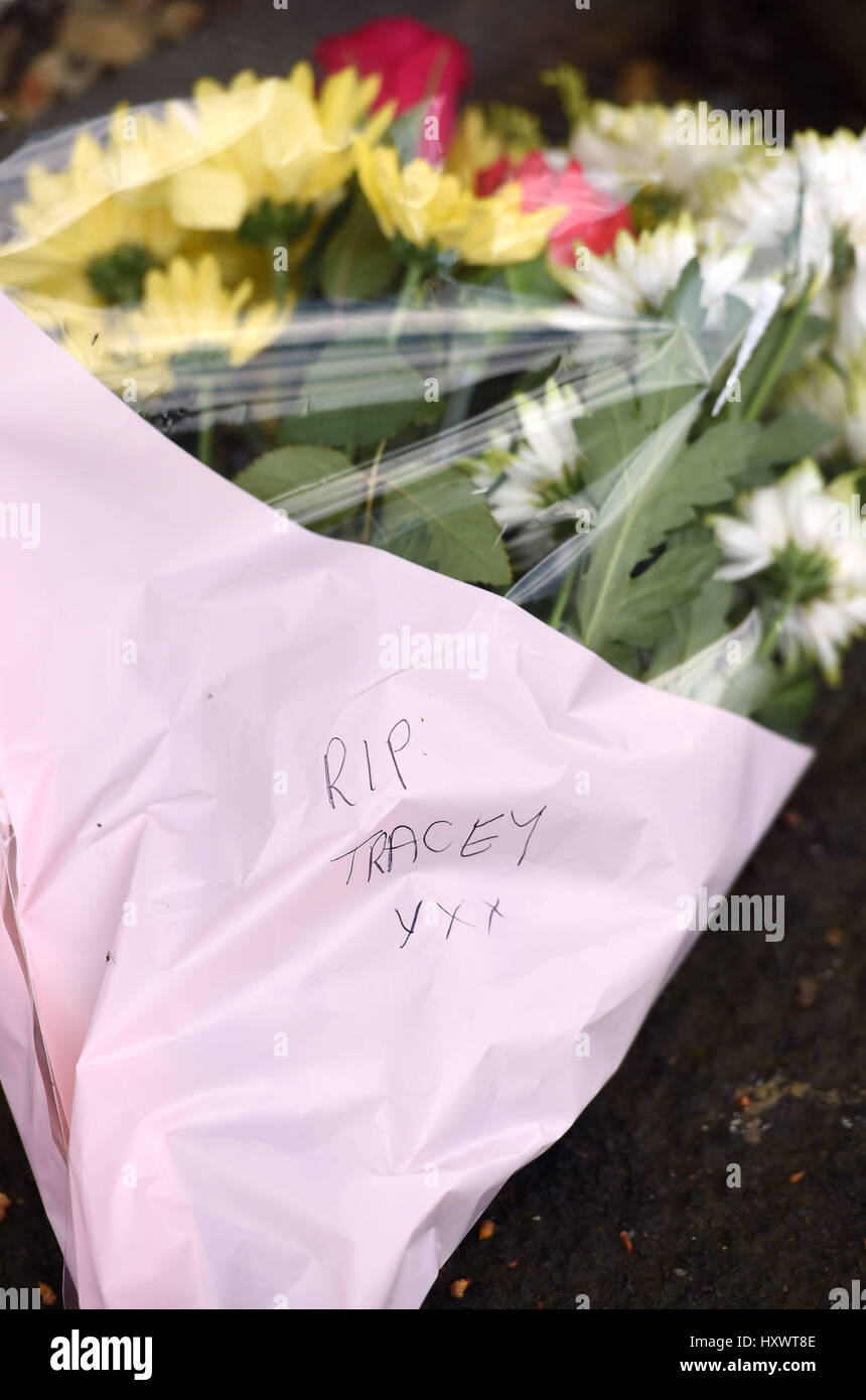 Flowers left near the scene where a 13yearold boy and his mother have