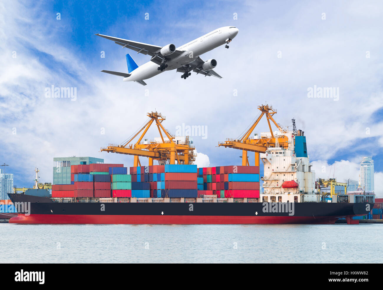 Cargo plane flying above ship port for logistic import export