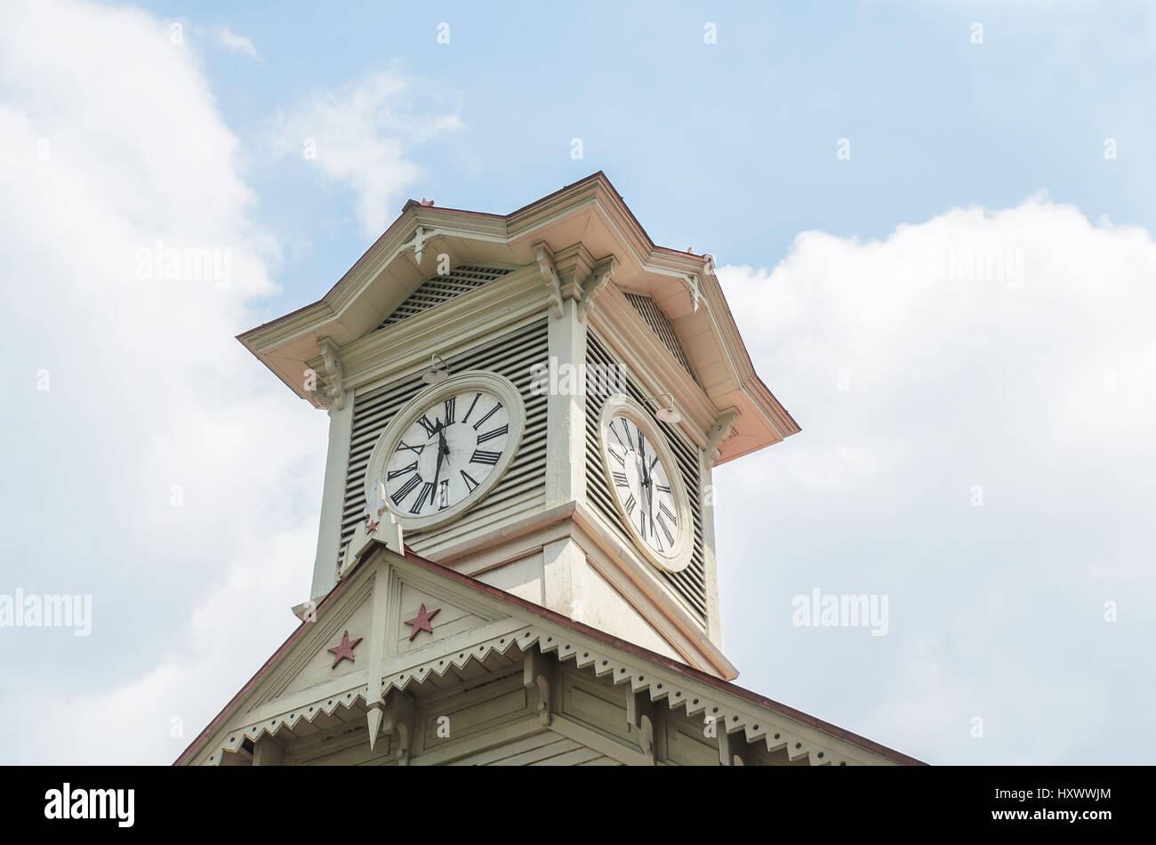 Sapporo clock tower and blue sky Stock Photo