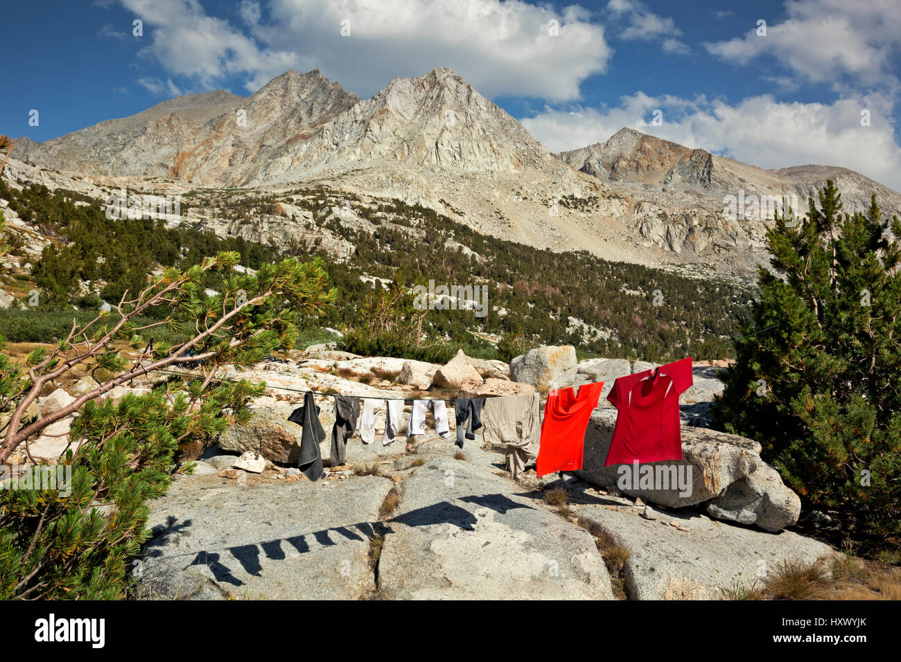 CA03131-00...CALIFORNIA - Clothes quickly drying in the High Sierra sunshine of the Palisade Lakes area in Kings Canyon National Park. Stock Photo
