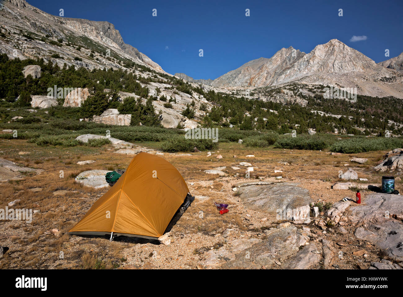 CA03135-00...CALIFORNIA - Campsite at Palisade Lakes below on the combined JMT/PCT below Mather Pass in Kings Canyon National Park. Stock Photo
