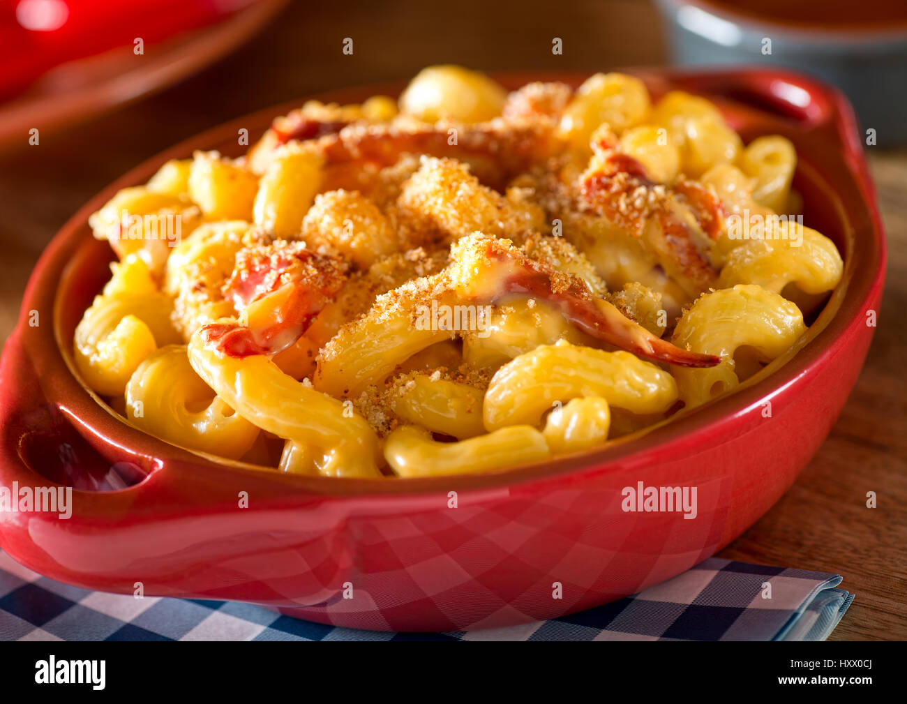 A bowl of delicious home made lobster mac and cheese. Stock Photo