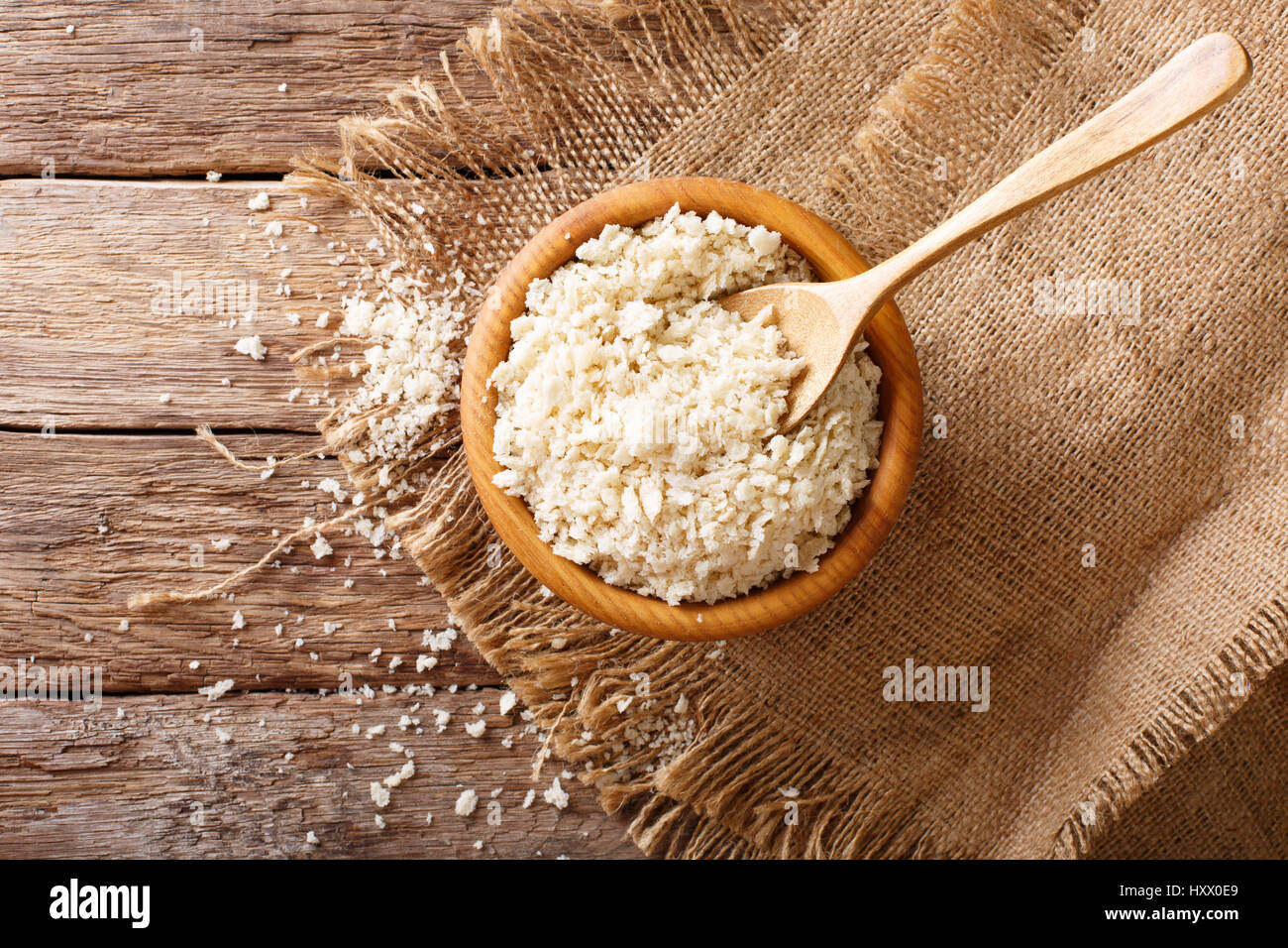 Japanese bread crumbs Panko in a bowl on the table. horizontal view